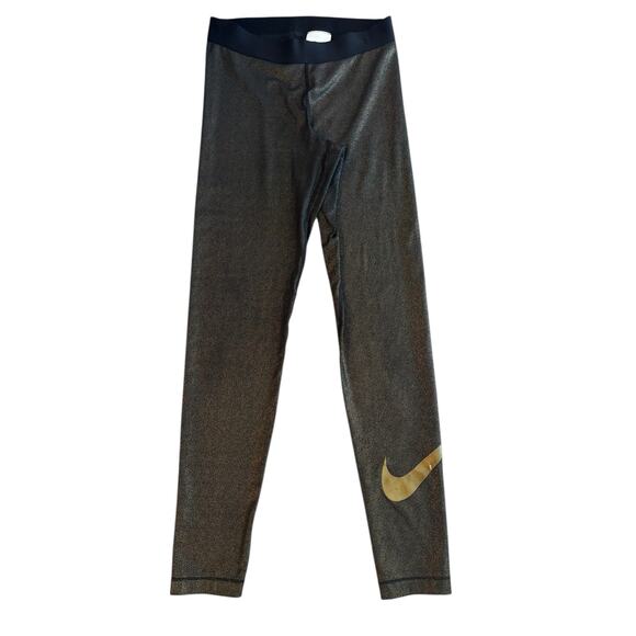 NIKE BLACK GOLD SHIMMER LEGGINGS SIZE MEDIUM - Picture 1 of 7